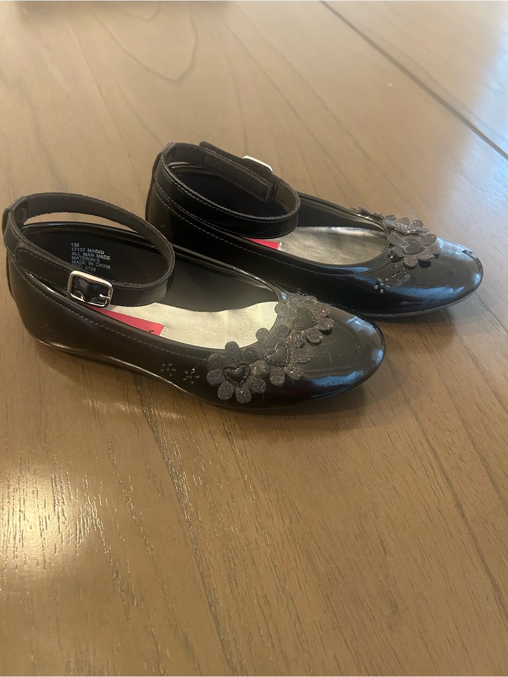 Black Patent Girls' Ankle Strap Floral Flats